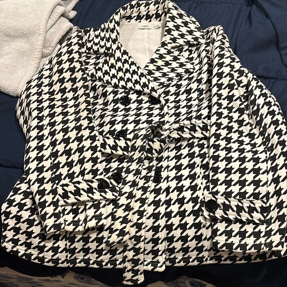 Cato Black and White Pea Coat with Houndstooth Pattern